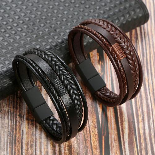 Cowhide Bracelet, with 304 Stainless Steel, multilayer & for man, more colors for choice, Length:Approx 8.3 Inch, Sold By PC
