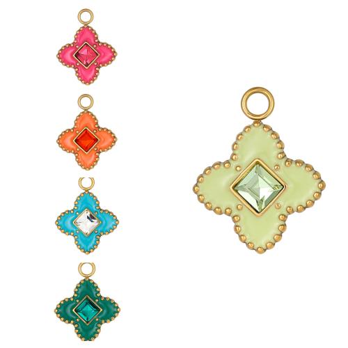 Stainless Steel Pendants, 304 Stainless Steel, Four Leaf Clover, gold color plated, fashion jewelry & micro pave cubic zirconia & enamel, more colors for choice, Sold By PC