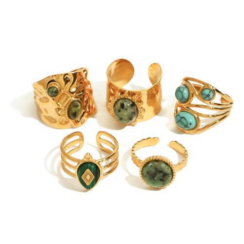 Stainless Steel Finger Ring, 304 Stainless Steel, with Natural Stone, plated, different styles for choice & for woman & hollow, golden, Sold By PC