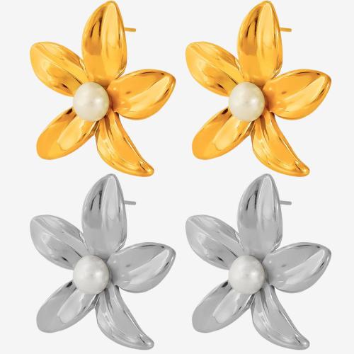 Edelstahl Ohrringe, 304 Edelstahl, mit Natürliche kultivierte Süßwasserperlen, Blume, plattiert, Modeschmuck & für Frau, keine, verkauft von Paar