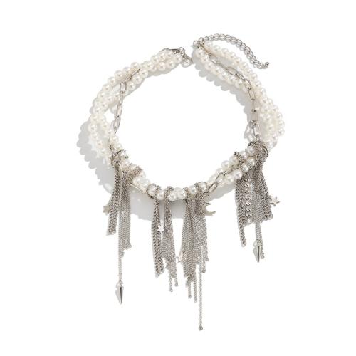 Fashion Fringe Necklace, Plastic Pearl, with Copper Coated Iron & iron chain & Tibetan Style, plated, fashion jewelry & different materials for choice & for woman, more colors for choice, Sold By PC