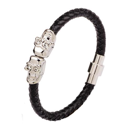 PU Leather Bracelet, with Tibetan Style, Skull, plated, punk style & for man, more colors for choice, Length:Approx 7-9 Inch, Sold By PC