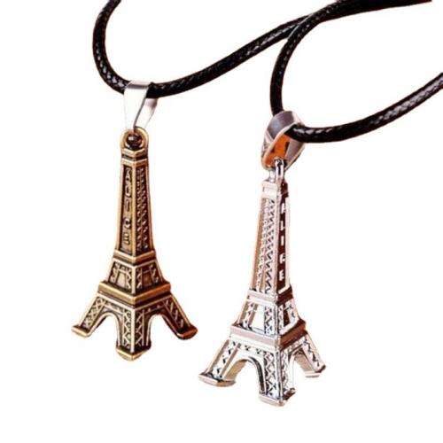 Titanium Steel Necklace, with leather cord, Eiffel Tower, plated, vintage & for man, more colors for choice, Length:Approx 16-20 Inch, Sold By PC