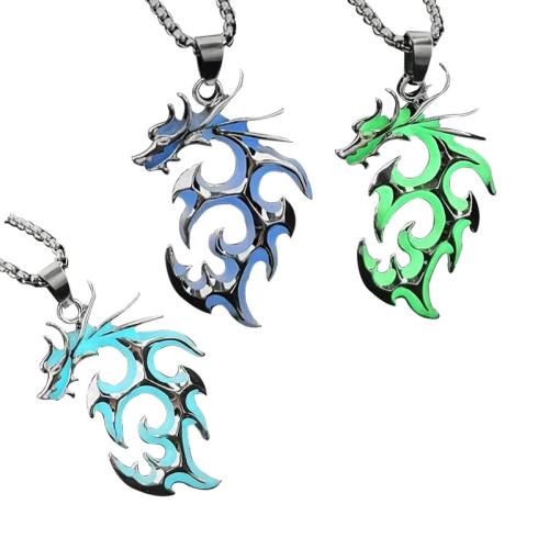 Tibetan Style Necklace, with 304 Stainless Steel Chain & leather cord, Dragon, plated, Unisex & luminated, more colors for choice, Length:Approx 19.5-31.5 Inch, Sold By PC