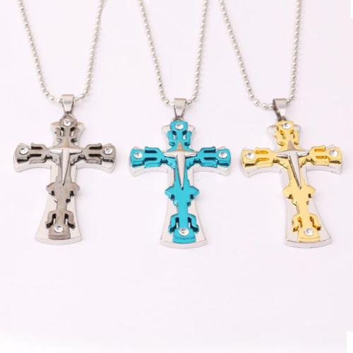 Tibetan Style Necklace, Cross, plated, ball chain & for man & with rhinestone, more colors for choice, Length:Approx 19.5-31.5 Inch, Sold By PC