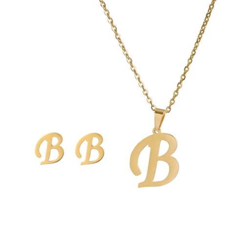 304 Stainless Steel Jewelry Set, Stud Earring & necklace, Alphabet Letter, gold color plated, 2 pieces & different styles for choice & for woman, necklace length 16-20inch, Sold By Set