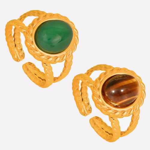 304 Stainless Steel Cuff Finger Ring, with Natural Stone, 18K gold plated, different materials for choice & Unisex & hollow, Sold By PC