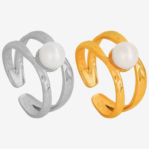304 Stainless Steel Cuff Finger Ring, with Plastic Pearl, plated, fashion jewelry & Unisex & hollow, more colors for choice, Sold By PC