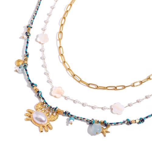 Stainless Steel Jewelry Necklace, 304 Stainless Steel, with Cotton Thread & Stone & Plastic Pearl, plated, fashion jewelry & different styles for choice & for woman, Sold By PC