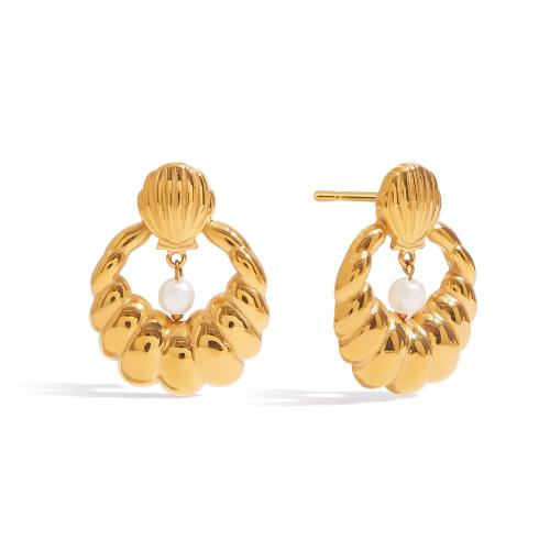 Stainless Steel Stud Earrings, 304 Stainless Steel, with Glass Beads, plated, fashion jewelry & for woman & hollow, golden, Sold By Pair