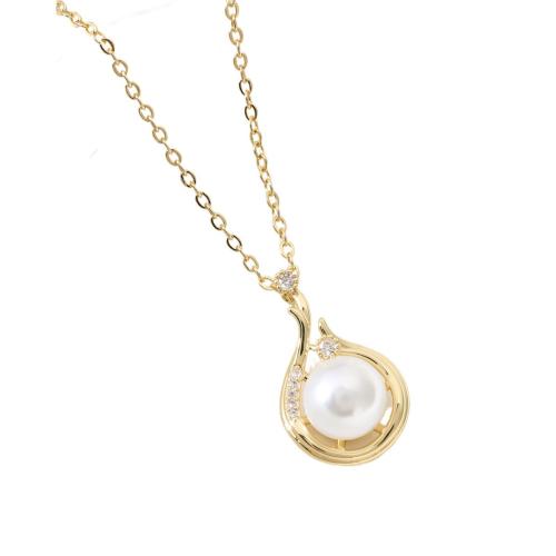 Brass Necklace, with Plastic Pearl, plated, fashion jewelry & micro pave cubic zirconia & for woman, more colors for choice, Length:45 cm, Sold By PC