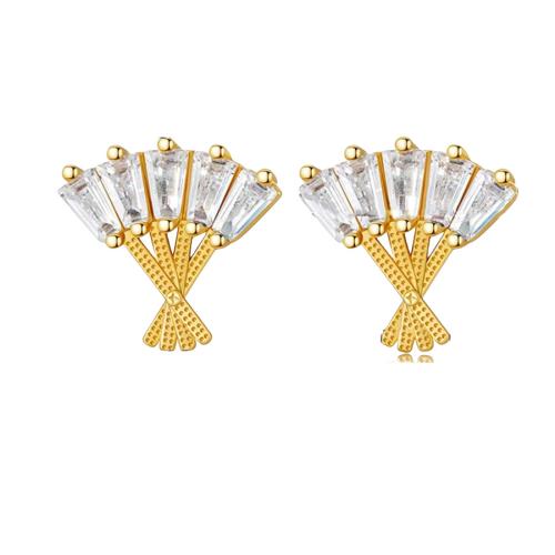 Brass Stud Earring, with Crystal, Fan, gold color plated, fashion jewelry & for woman & hollow, more colors for choice, Sold By Pair