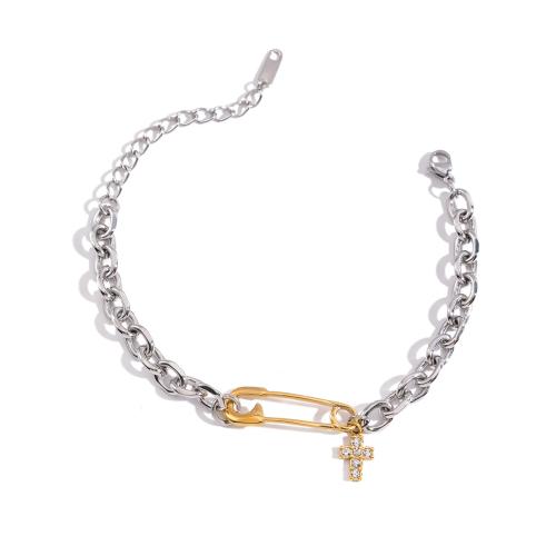 Bijoux bracelet en acier inoxydable, Acier inoxydable 304, Placage, pour femme & avec strass & deux tons & creux, Vendu par PC
