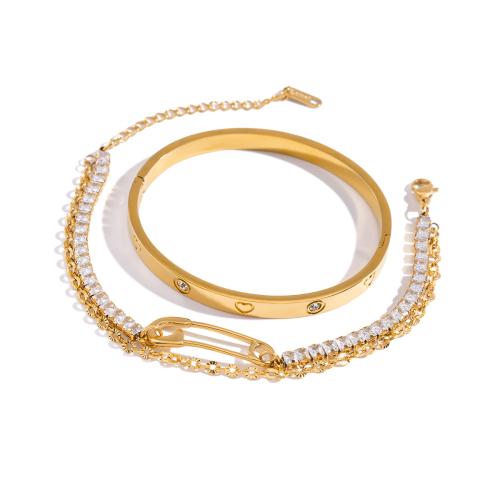 Bijoux bracelet en acier inoxydable, Acier inoxydable 304, avec zircon cubique, Placage, Double couche & styles différents pour le choix & pour femme, doré, Vendu par PC