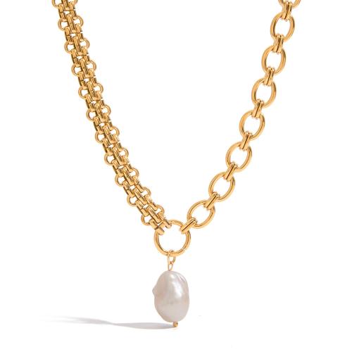 Stainless Steel Jewelry Necklace, 304 Stainless Steel, with Plastic Pearl, plated, fashion jewelry & different styles for choice & for woman, golden, Sold By PC