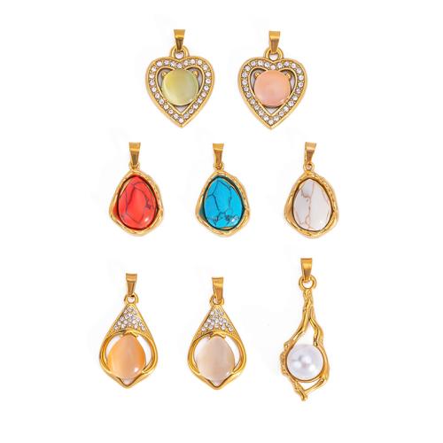 Stainless Steel Pendants, 304 Stainless Steel, with Gemstone & Plastic Pearl, plated, DIY & micro pave cubic zirconia, more colors for choice, 10PCs/Bag, Sold By Bag
