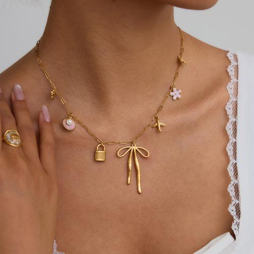 Stainless Steel Jewelry Necklace, 304 Stainless Steel, with Plastic Pearl, gold color plated, fashion jewelry & enamel, more colors for choice, Sold By PC