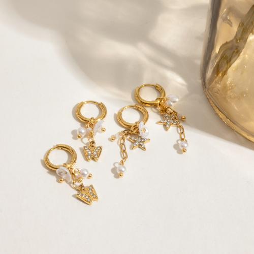 Stainless Steel Drop Earring, 304 Stainless Steel, with Plastic Pearl, gold color plated, fashion jewelry & with rhinestone, more colors for choice, Sold By Bag
