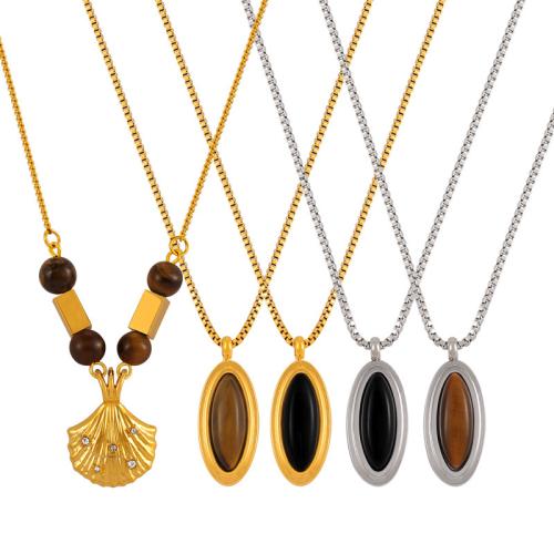 Stainless Steel Jewelry Necklace, 304 Stainless Steel, with Tiger Eye, plated, different materials for choice & different styles for choice & for woman, more colors for choice, Sold By PC