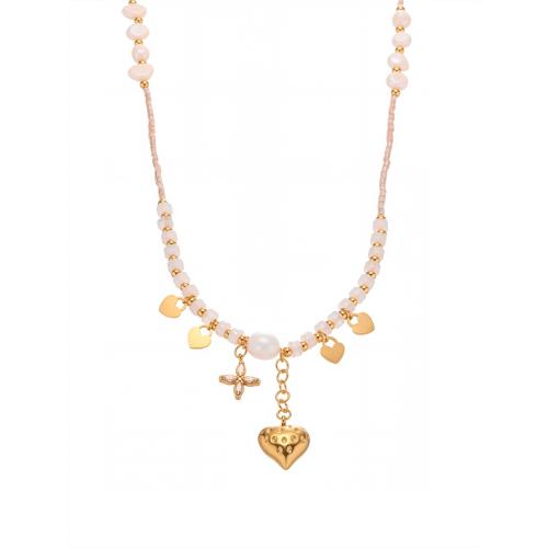 304 Stainless Steel Necklace, with Natural Stone & Freshwater Pearl, plated, fashion jewelry & for woman, golden, Sold By PC