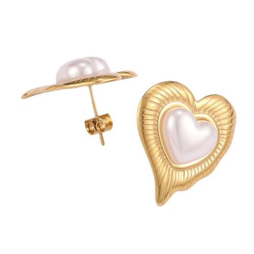 304 Stainless Steel Stud Earring, with Plastic Pearl, Heart, plated, fashion jewelry & for woman, golden, Sold By Pair