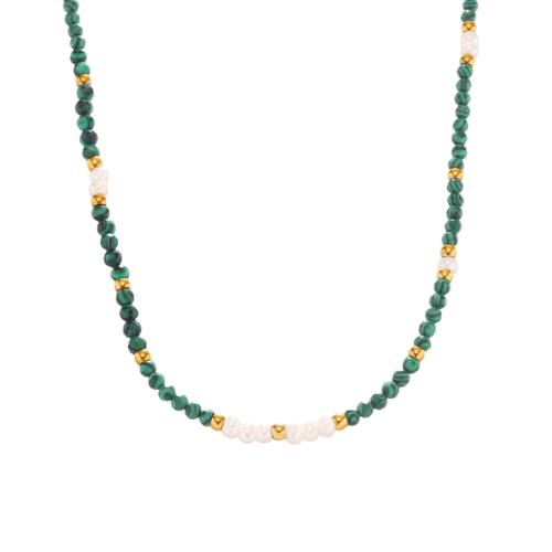 304 Stainless Steel Necklace, with Malachite & Freshwater Pearl, handmade, fashion jewelry & for woman, Sold By PC
