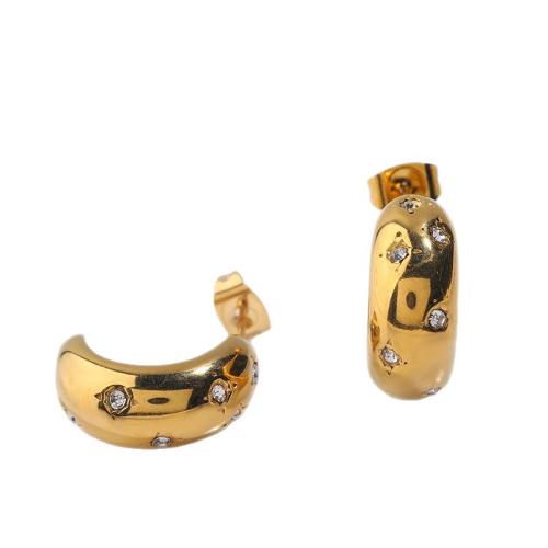 304 Stainless Steel Stud Earring, real gold plated, fashion jewelry & for woman & with rhinestone, Sold By Pair