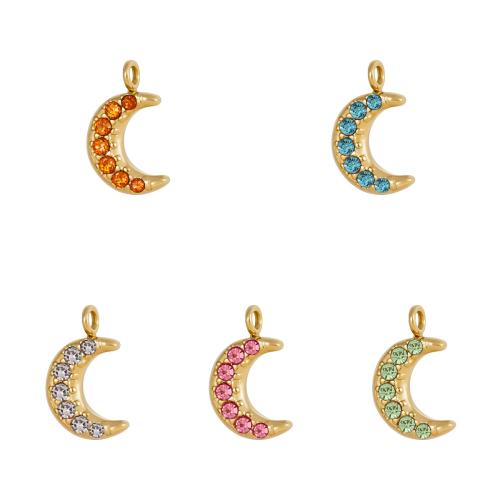Stainless Steel Pendants, 304 Stainless Steel, Moon, gold color plated, DIY & micro pave cubic zirconia, golden, Sold By PC