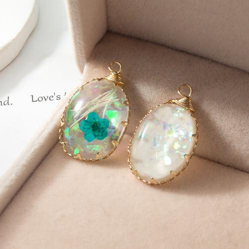 Resin Pendant, with Dried Flower & Brass, plated, DIY, more colors for choice, 17.20x6x27.20mm, Sold By PC