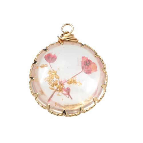 Resin Pendant, with Dried Flower & Brass, plated, DIY, mixed colors, 23.80x9x29.60mm, Sold By PC