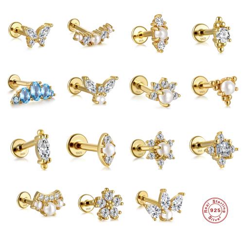 925 Sterling Silver Piercing Earring, with Plastic Pearl, different styles for choice & micro pave cubic zirconia & for woman, ear needle size 8x1.2mm, flat base length 4mm, Sold By PC