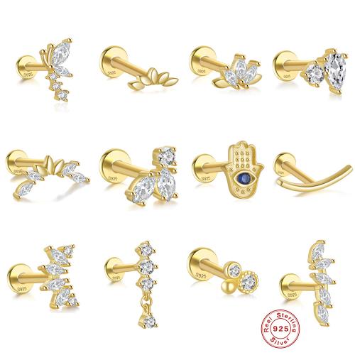 925 Sterling Silver Piercing Earring, gold color plated, different styles for choice & micro pave cubic zirconia & for woman, 8x1.20mm, Sold By PC