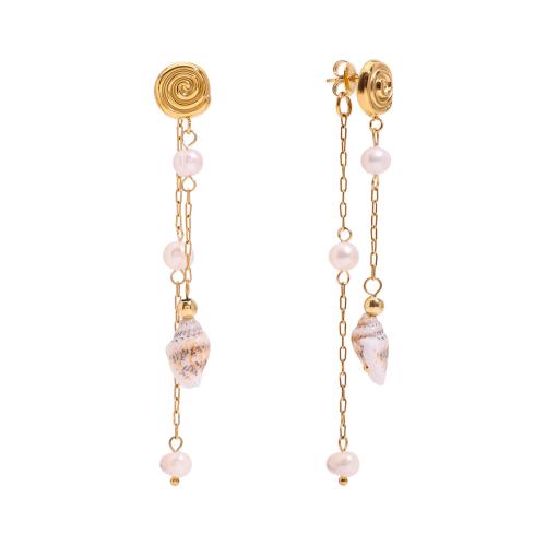 Fashion Fringe Earrings, 304 Stainless Steel, with Shell & Plastic Pearl, gold color plated, fashion jewelry, more colors for choice, Sold By Pair