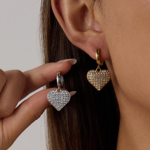 Stainless Steel Drop Earring, 304 Stainless Steel, Heart, gold color plated, fashion jewelry & with rhinestone, more colors for choice, Sold By Pair