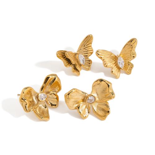 Stainless Steel Stud Earrings, 304 Stainless Steel, gold color plated, fashion jewelry & micro pave cubic zirconia, more colors for choice, Sold By Pair