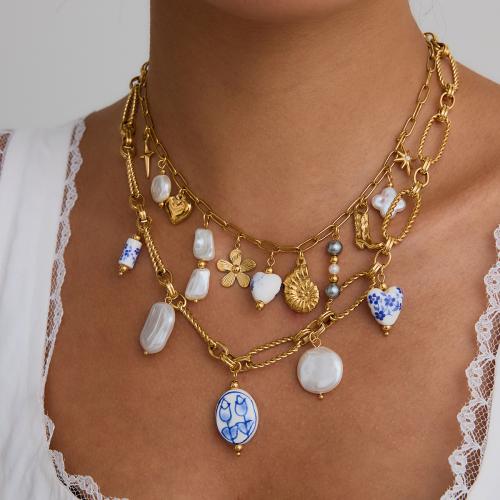 Fashion Stainless Steel Jewelry Sets, 304 Stainless Steel, with Porcelain & Freshwater Pearl, gold color plated, fashion jewelry, more colors for choice, Sold By PC