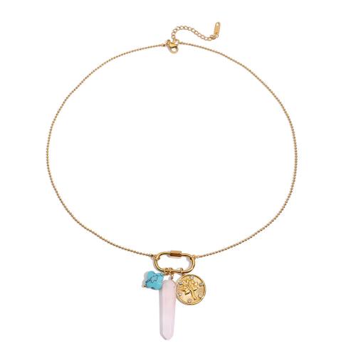 Stainless Steel Jewelry Necklace, 304 Stainless Steel, with Natural Stone & turquoise, plated, fashion jewelry & for woman, golden, Sold By PC