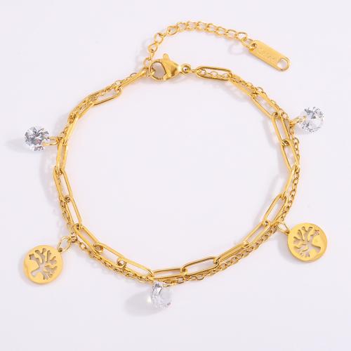 Stainless Steel Jewelry Bracelet, 304 Stainless Steel, with Crystal, Double Layer & different styles for choice & for woman, golden, Sold By PC