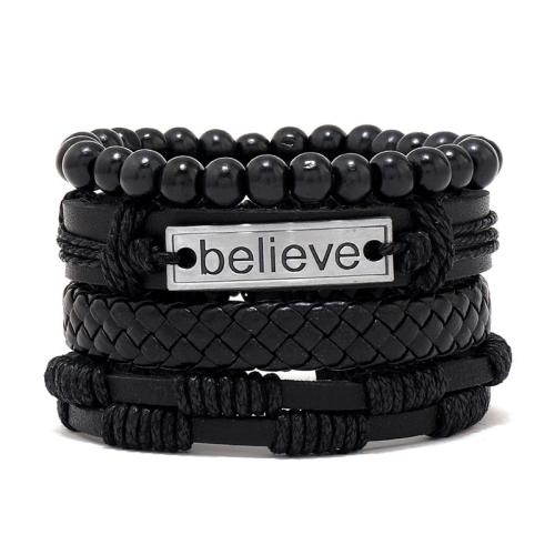 Cowhide Bracelet Set, with Wax Cord & Wood & Tibetan Style, handmade, multilayer & Unisex & different styles for choice, Length:Approx 7-10.5 Inch, Sold By Set