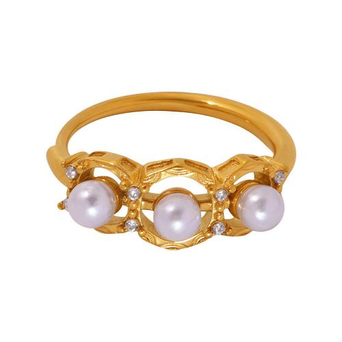 Cubic Zirconia Stainless Steel Finger Ring, 304 Stainless Steel, with Shell Pearl & Cubic Zirconia, plated, fashion jewelry & for woman & hollow, more colors for choice, US Ring Size:7, Sold By PC