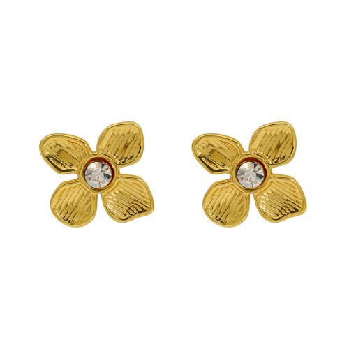 Stainless Steel Stud Earrings, 304 Stainless Steel, with Cubic Zirconia & Plastic Pearl, Flower, 18K gold plated, fashion jewelry & different styles for choice & for woman, Sold By Pair