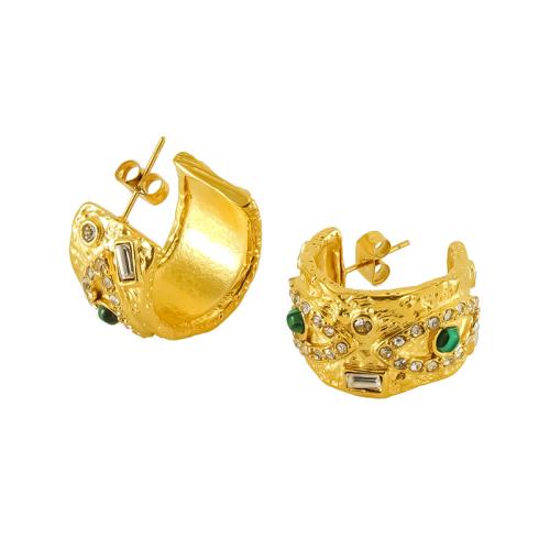 Stainless Steel Stud Earrings, 304 Stainless Steel, with Malachite, 18K gold plated, fashion jewelry & micro pave cubic zirconia & for woman, Sold By Pair