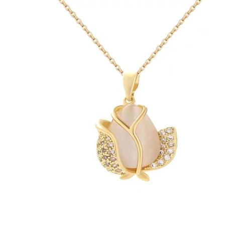 Titanium Steel Necklace, with Cubic Zirconia & Cats Eye, plated, fashion jewelry & for woman, golden, Length:Approx 41 cm, Sold By PC