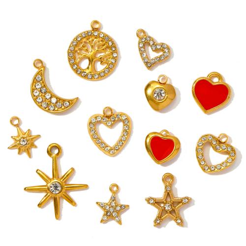 Titanium Steel Pendants, gold color plated, DIY & enamel & with rhinestone, golden, 3PCs/Bag, Sold By Bag