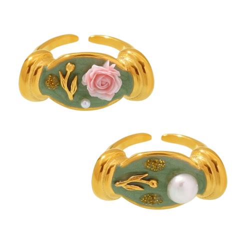 304 Stainless Steel Cuff Finger Ring, with Freshwater Pearl, plated, different styles for choice & for woman & enamel, more colors for choice, US Ring Size:7, Sold By PC
