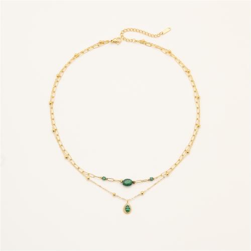 Stainless Steel Jewelry Necklace, 304 Stainless Steel, with Natural Stone, 18K gold plated, Double Layer & different materials for choice & for woman, Sold By PC