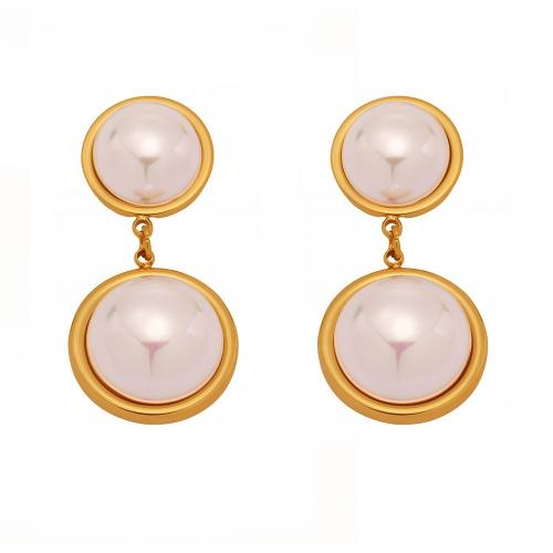 Stainless Steel Drop Earring, 304 Stainless Steel, with Shell Pearl, Round, plated, fashion jewelry & for woman, golden, Sold By Pair