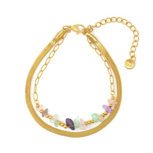 Stainless Steel Jewelry Bracelet, 304 Stainless Steel, with Natural Stone, 18K gold plated, Double Layer & fashion jewelry & for woman, Sold By PC
