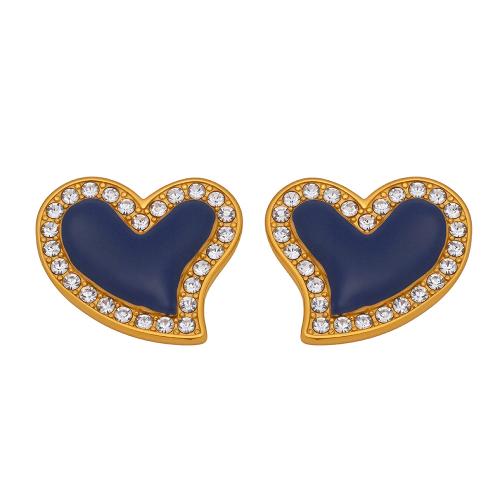 Stainless Steel Stud Earrings, 304 Stainless Steel, Heart, plated, micro pave cubic zirconia & for woman & enamel, more colors for choice, Sold By Pair