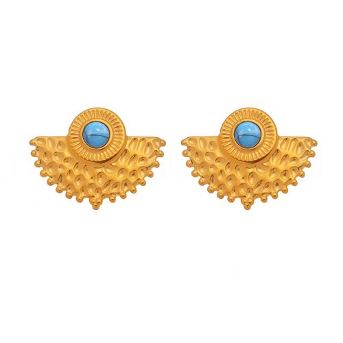 Stainless Steel Stud Earrings, 304 Stainless Steel, with turquoise, Fan, 18K gold plated, fashion jewelry & for woman, Sold By Pair